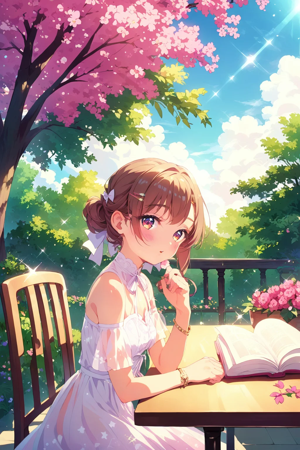score_9, score_8_up, score_8, <lora:100Kanojo:0.9>, 1girl, solo, dress, flower, day, sitting, bow, hair ornament, leaf, looking at viewer, tree, sunlight, outdoors, table, hair bow, light rays, white dress, brown hair, sparkle, blush, sky, see-through, cloud, pink flower, bare shoulders, sunbeam, holding, chair, bracelet, jewelry, hairclip, short sleeves, parted lips, crescent, ribbon, from side, :o, blue sky, purple flower, star print, book, white bow, holding book,