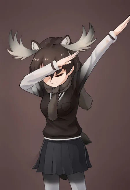 moose (kemono friends), antlers, animal ears, brown eyes, brown hair, tail, hair between eyes, brown shirt, shirt, long sleeves, vest, pleated skirt, black skirt, scarf, grey pantyhose, shoes, breast pocket, (dab \(dance\):2), dense-forest
