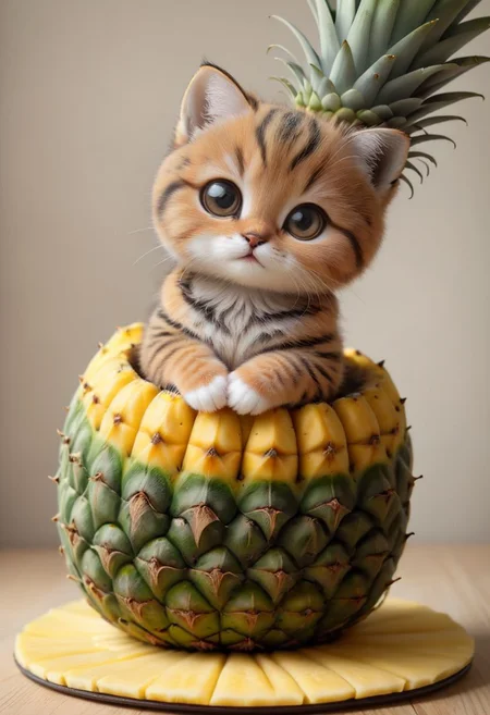 An award winning photo , a cute little baby cat,doing Yoga on a yoga matt in a pineapple costume,, (((cuteness overload))) <lora:add-detail-xl:1>,  <lora:WowifierXL-V2:1>, zhibi