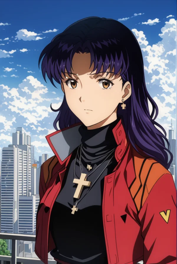 masterpiece, best quality, highres, 4k, 8k, intricate detail, cinematic lighting, amazing quality, amazing shading, soft lighting, Detailed Illustration, anime style,
misatokatsuragi, <lora:misato_katsuragi_rebuild-sdxl-lora-nochekaiser:1>,
misato katsuragi, long hair, brown eyes, purple hair, parted bangs, mature female,
skirt, jewelry, jacket, belt, necklace, uniform, cross, red jacket, pencil skirt, cross necklace, red skirt, black shirt, turtleneck, cropped jacket,
outdoors, city, sky, clouds,
looking at viewer, contrapposto,