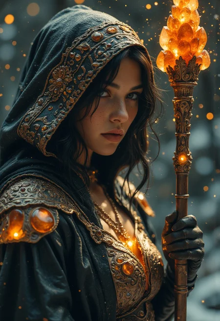 The goddess of war, Extreme Upper Body Closeup Portrait, Vibrant Amber and golden-black color graded, Face and eyes shaded By the oversized Linen hood, AmanoER, analog Photo of a eerie armored bedouin Warrior witch with a staff full of crystals, the crystals are round translucent black-red, hknature ninja-goddess, action pose, featuring a stylized, a ninja with translucent dark-red ice-based powers. He is depicted standing in a snowy, shadowy background., giving an action pose, Casting a spear Made of ICE and frost. The glowing dark outlines defines the character's muscular physique, ornate suit of armor. The armor includes a translucent amber and black chest piece with intricate Design.