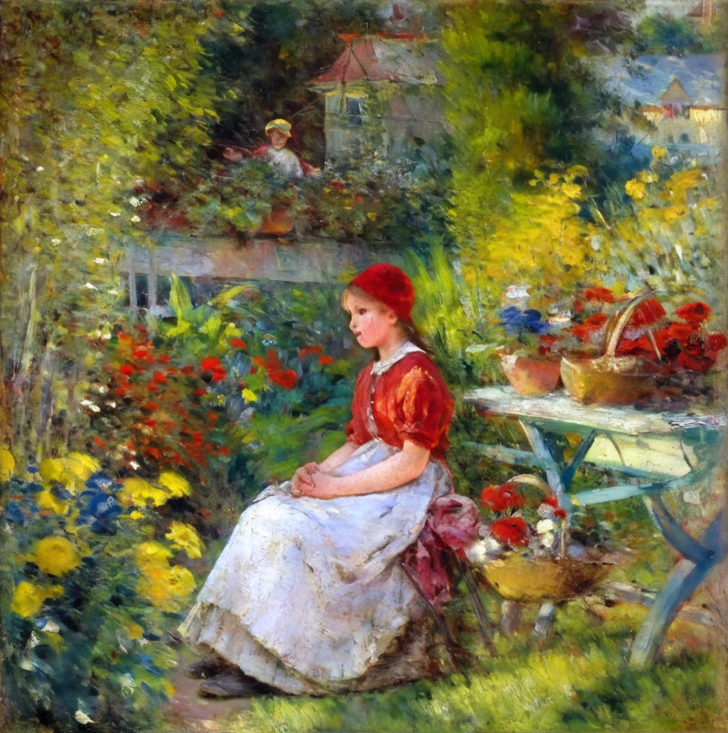 agierymski girl in a red hat in a garden full of flowers<lora:agierymski:1>