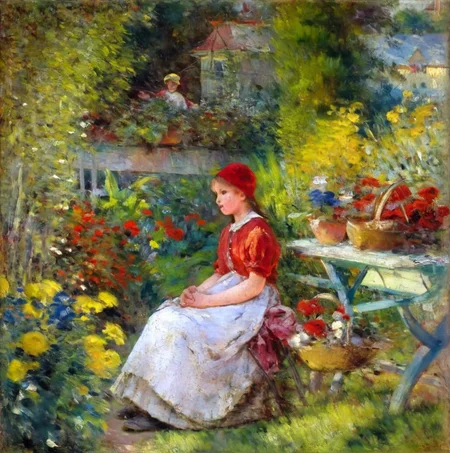 agierymski girl in a red hat in a garden full of flowers<lora:agierymski:1>