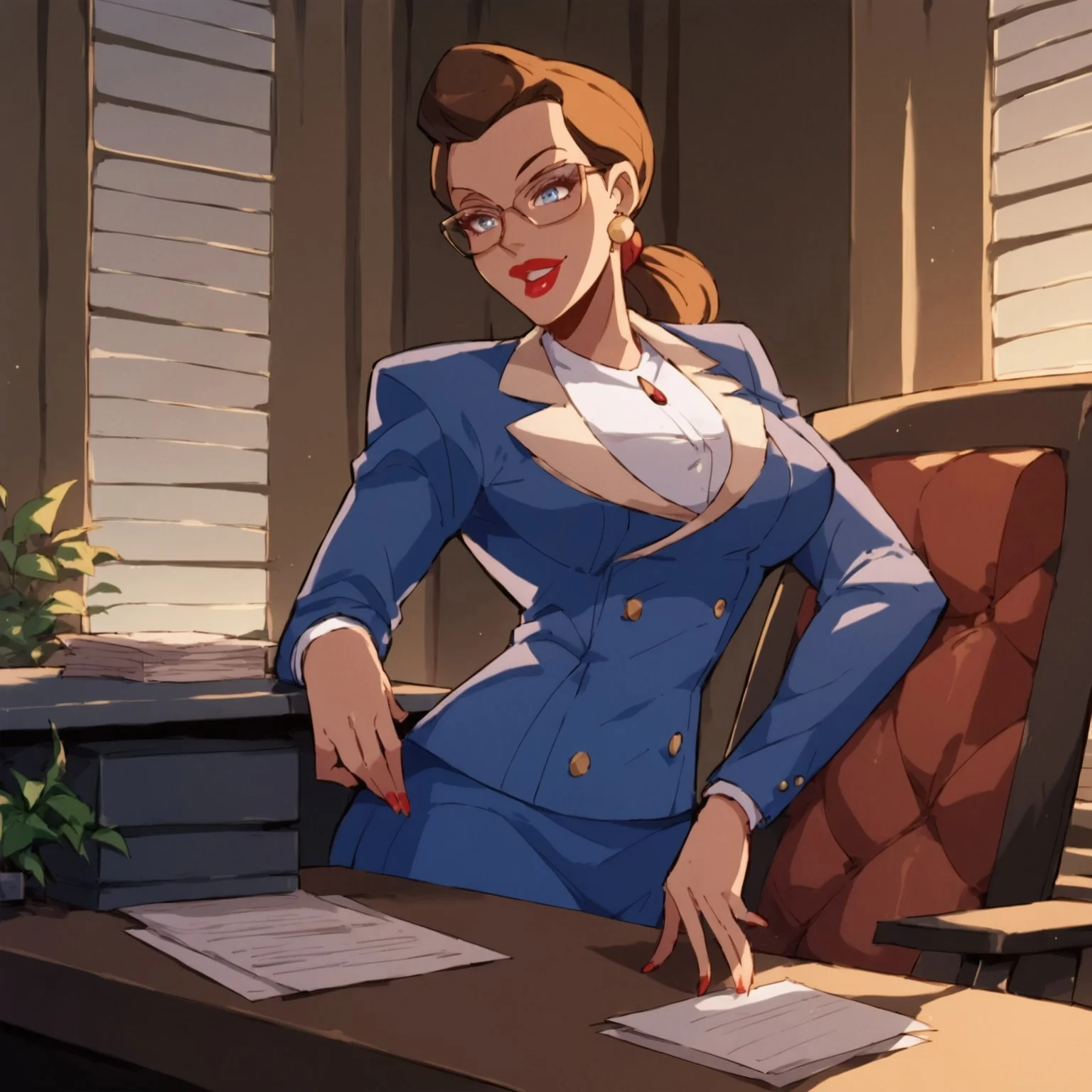 safe_pos, score_9, score_8_up, score_7_up, solo, 1girl, lipstick, ponytail, brown hair, blue eyes, formal, glasses, blue skirt suit, formal, earrings, breast, high heels, office, Janet Van Dorn (dc)