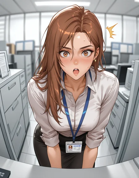 1girl, <lora:hellcat-illustrious-000040:0.9> h3llc4t, office lady, lanyard, id card,
leaning forward, looking at viewer, surprised, cubicle, depth of field