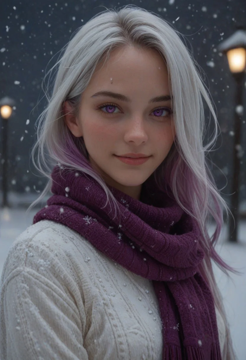 score_9, score_8_up, score_7_up, score_6_up,
1girl, 25 years old, perfect face, (adult), sexy, close view,
purple eyes,
multicolored hair, colored inner hair, white hair, purple glowing hair, purple glowing scarf,
white sweater,
winter, snowing, snowflakes,
blush, shy smile,
night,