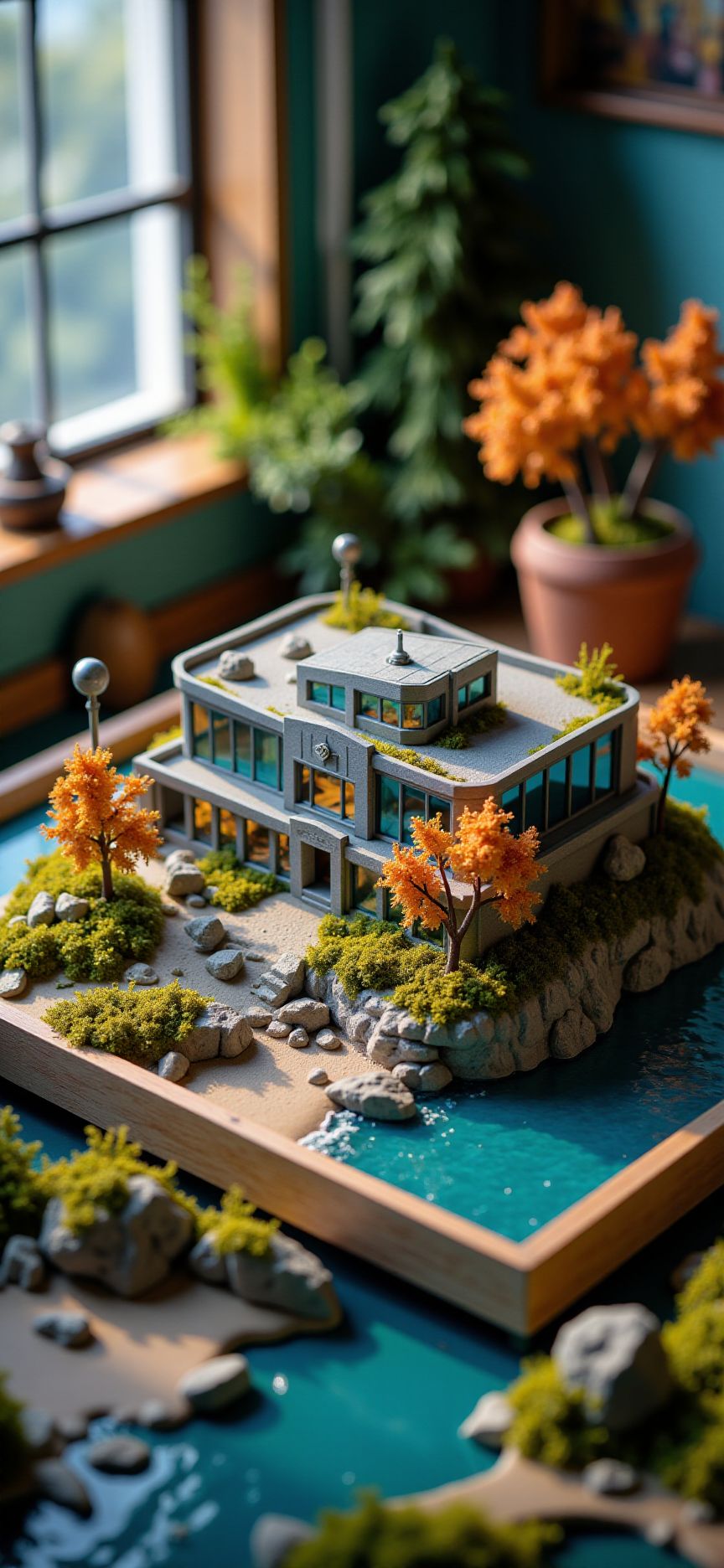(indoors,indoor,isometric view,side view,tilt-shift lens:2), (fna_style,miniature,miniature,diorama,miniature,diorama,PVC,plastic:2),starry night (autumn:1.5) ,(forest:0.2),(colorful,Rust_Decay:2) (moss,ivy,|(office building,shopping center wit glass:2)(office building, convention center with glass:2)), sea,cliff in (wooden square plate:2), on (table:2) at (attic:2.5)   <lora:Fantasy_Novel_Art_Style:1> <lora:Rostpunk:0.2> <lora:Rust_Decay_flux_lora:1> <lora:JJsOfficeBuilding_Flux_r1:0.4>