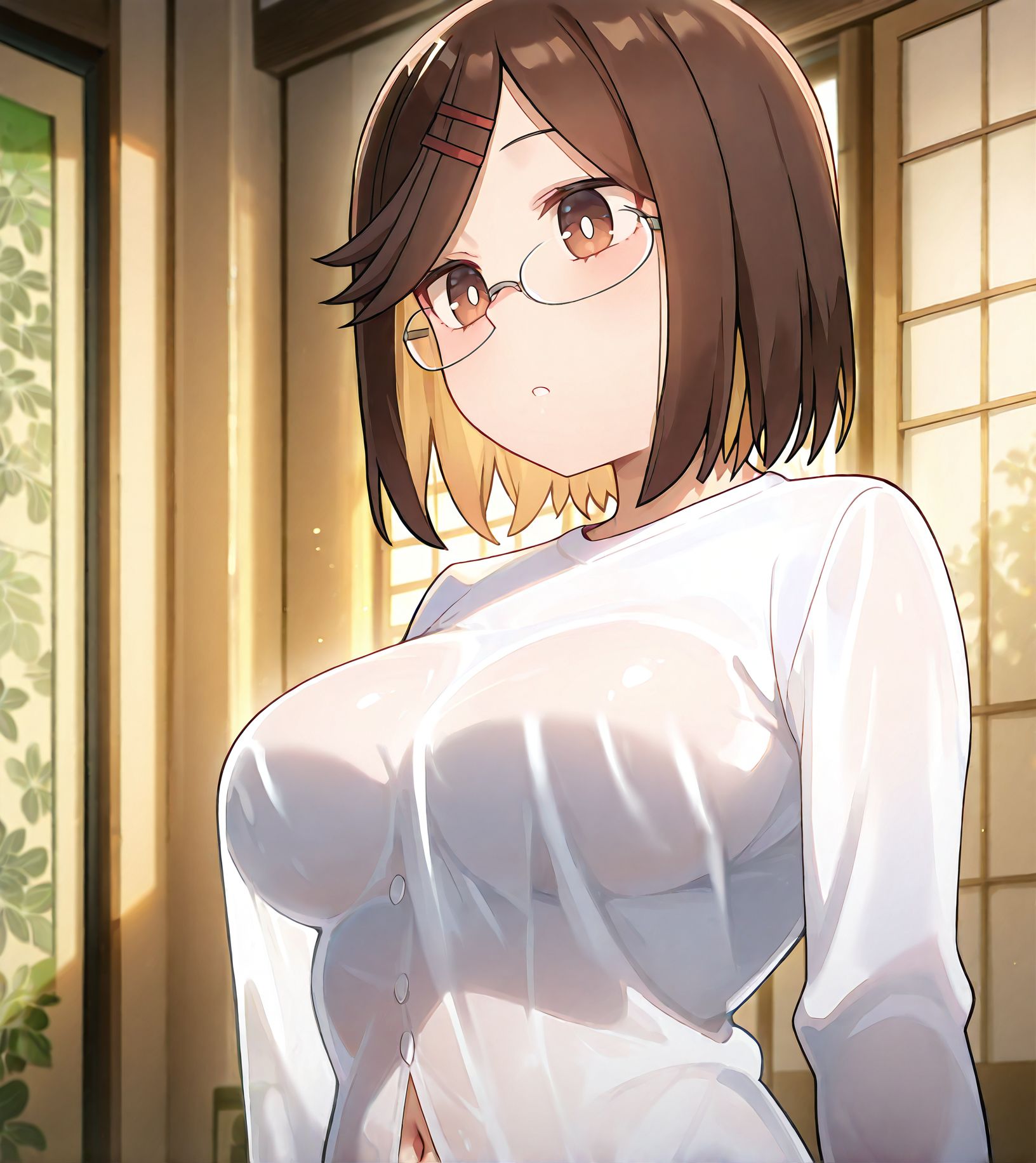 masterpiece best quality newest absurdres highres detailed eyes beautiful detailed background perfect eyes anime coloring anime screencap<lora:add-detail-xl:0.5>,
<lora:sheer_clothing:0.9>,sheer_clothingV1,
1girl,breasts,solo,
navel,white shirt, 
sheer clothing with breasts,
BREAK
<lora:Koga_Konoha_v1.0_Illustrious-000040:1>, Koga Konoha,brown eyes,brown hair, hairclip,glasses,
mature female, 20YO,