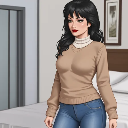 <lora:PhantomLady_pony_v1:1>PhantomLadyCostume, 1girl,  medium breasts, black hair,  lipstick, makeup, long hair,  cowboy shot, sweater, jeans
