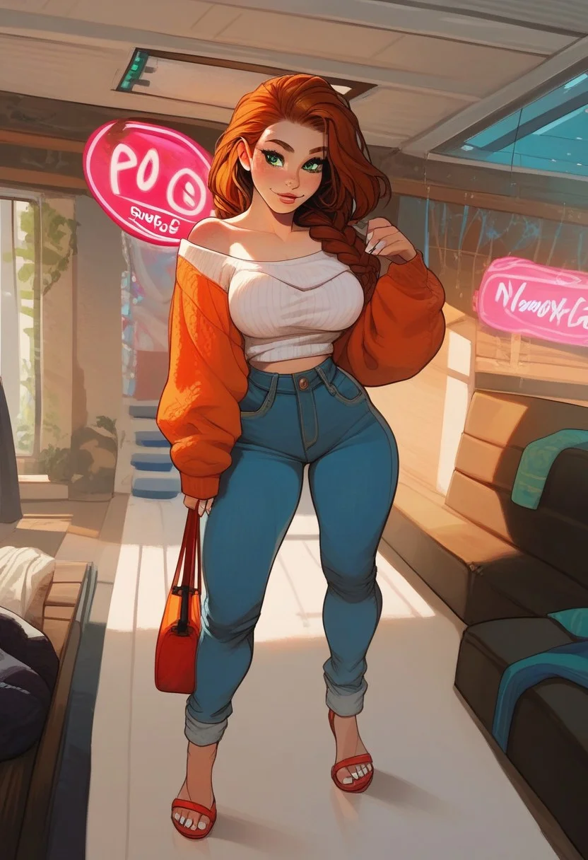 (score_9, score_8_up, score_7_up), vibrant colours, adorable face, big beautiful eyes, cute face, cute cheeks, bright colored eyes, sweaty skin, human girl, (chubby:0.3),
curvy,
bright green eyes, lidded eyes,
one big Braid, Long Hair, auburn hair, Long legs, bubble Butt, large Natural breasts, horny, White Long fingernails, milf, Sadie, white knitted jumper, loose jumper, bare Shoulders, Long sleeves, open blue denim jeans, red high heels sandals, leather shoulderbag,
Indoors, sunny day, closeup,
(Bright lobby), (going inside), large glass and wood door,
(Large neon sign with text "beefy gym":2),
dynamic angle, sexy,