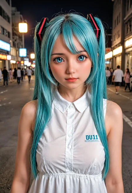 <lora:Hyper-SDXL-8steps-lora:1> zPDXLrl, score_9, score_8_up, score_7_up, score_realistic, best quality, intricate details, perfect anatomy, realistic, hyperrealistic, photo, professional lighting, ultra highres, extremely detailed, detailed eyes BREAK
1girl, clothed, expressionless, upper body, hatsune miku, (vocaloid:0.8), aqua hair, aqua eyes, 
outdoors, city, tokyo, japan, 
<lora:anime_lovedoll_XL(pony)v11:0.8>