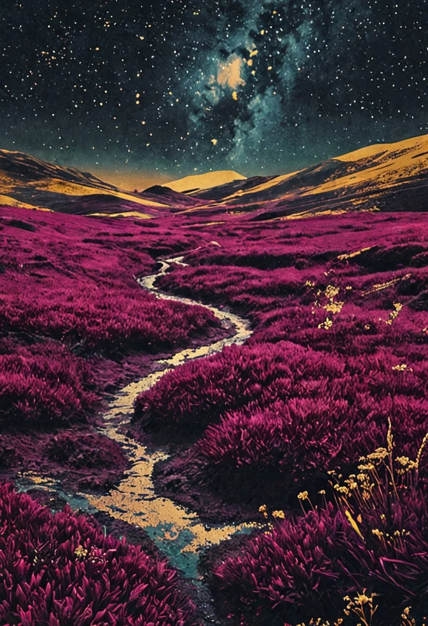 landscape of a (Celestial Plains of the Starry Fields:1.3) , Stone, hillside, Anime screencap, Islandpunk, side lit, Depth of field 100mm, Magenta background, intricate, <lora:novuschroma27 style_b:1> novuschroma27 style, gold foil, cool colors, inspired, detailed, romantic, dynamic dramatic beautiful full taking, grand illumination, fine artistic composition