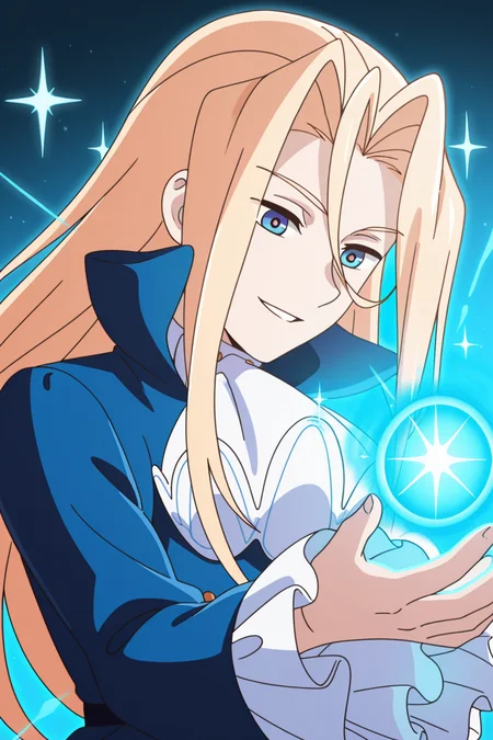 <lora:AcroTrip:1>, AcroTrip, 1boy, long hair, blonde hair, male focus, solo, ascot, white ascot, blue eyes, long sleeves, frilled sleeves, sparkle, frills, parted lips, smile, magic, fantasy,