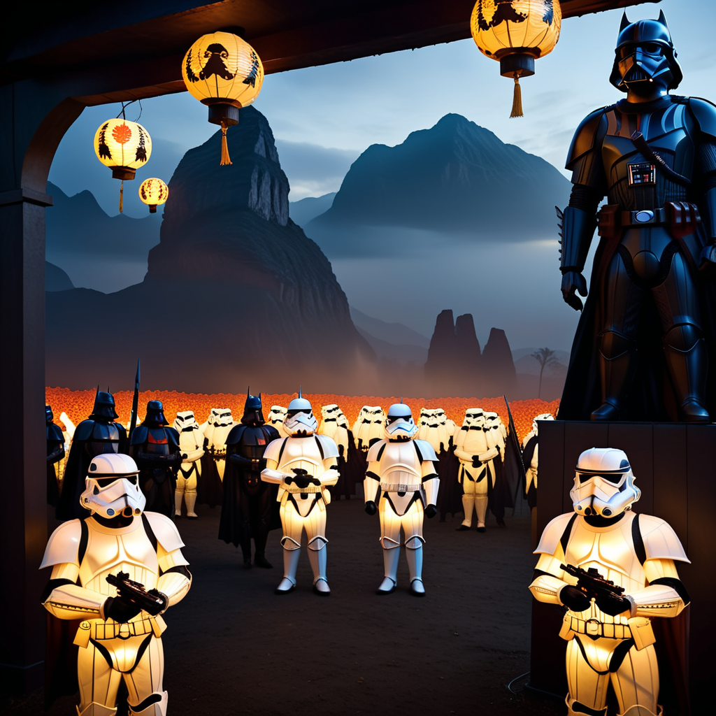 Create an image in a realistic style featuring a Dark Knight and Stormtroopers composed entirely of lanterns. The scene is illuminated by the soft, eerie glow emanating from the lanterns, casting dramatic shadows and highlighting the intricate details of the figures' armor, designed with an array of lanterns in various sizes to depict the iconic features and menacing presence of the Dark Knight and his legion of Stormtroopers. The background is shrouded in darkness, with only the lanterns' light revealing the silhouettes of a futuristic landscape, <lora:lightflower3:0.8>
