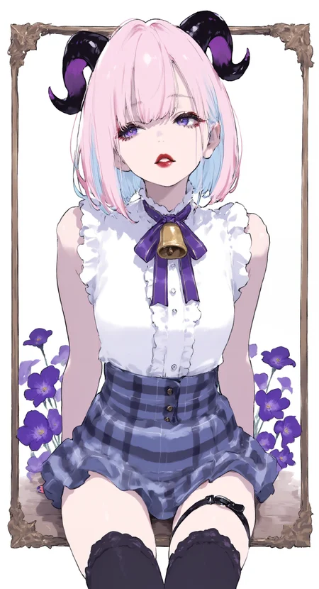 masterpiece, very awa, amazing quality, best quality, newest, highres, very aesthetic, absurdres,
1girl, solo,
short hair, multicolored hair, pink hair, light blue hair, parted lips, red lips, horns, purple eyes,
neck bell, black thighhighs, frilled shirt, frills, high-waist skirt, violet mini skirt, nail polish, plaid clothes, violet ribbon, sleeveless shirt, violet thigh strap,
sitting,
realistic,
white background, (flowers),
ma1ma1helmes_b_illu, h4ra_illu,
<lora:ponyv6_noobV1_2_adamW:0.5> <lora:ma1ma1helmes_b:0.5> <lora:takayanagi_katsuya:0.7> <lora:hara_id_21:0.5>