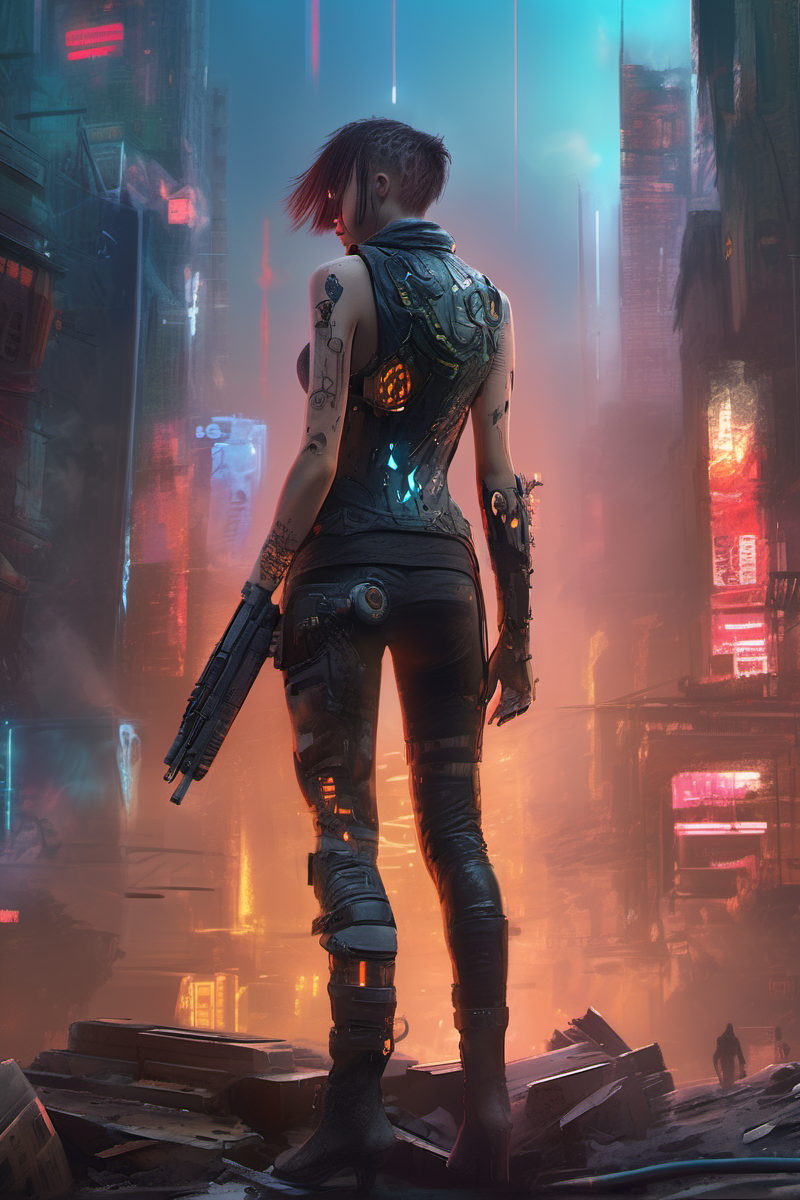 cyberpunk weapon woman tattoos, vest, swaat gear, cropped photo, Generate an atmospheric and neon-lit cityscape at night, with towering skyscrapers and holographic advertisements illuminating the dark streets. Incorporate a sense of grittiness and dystopian decay, with crumbling infrastructure and overgrown vegetation. The dominant color palette should be shades of blue, green, and yellow, with bursts of red and orange from neon signs and explosions. In the center of the image, depict a lone figure (human or android) standing atop a ruined building, looking out over the cityscape with a mixture of determination and despair in their expression. The figure should be dressed in a combination of futuristic and scavenged attire, with visible cybernetic enhancements. Surrounding the figure are hints of rebellion and resistance, such as graffiti-covered walls, makeshift barricades, and scattered scraps of technology and hardware. Incorporate atmospheric elements like smoke, mist, and sparks to add depth and texture to the scene.<lora:cyberpunk_xl-000004:1> cyberpunk a beautiful women, weapons, boots, tattoos, ninja