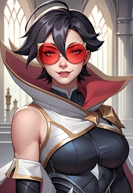 score_9, score_8_up, score_7_up, score_6_up, score_5_up, score_4_up, shaunavayne, 1girl, solo, short hair, black hair, ahoge, round eyewear, red-tinted eyewear, seductive smile, looking at viewer, toned, large breasts, (black bodysuit, detached sleeves, black elbow gloves, cape, bare shoulders), portrait shot, upper body, indoors