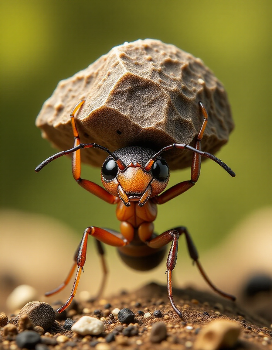 small zhibi ant, lifting a huge rock over its head, looking like a weight lifter, sweating, looking amazed <lora:zhibi_flux:1>