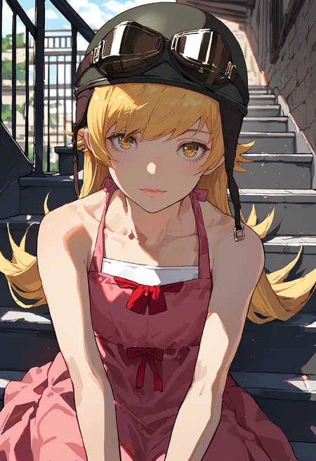score_9, score_8_up, source_anime,1girl,solo,oshino shinobu,blonde hair,long hair,bangs,yellow eyes,eyebrows,hair behind ear,pink dress,sleeveless,bare shoulders,red bowtiew,aviator helmet,stairs,sitting on stairs,looking at viewer,closed mouth