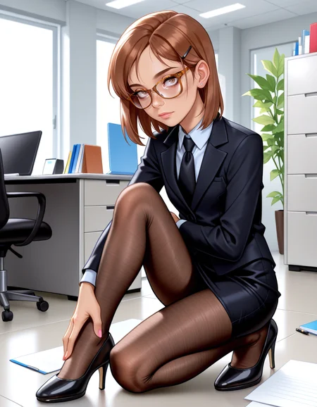 masterpiece, best quality, very aesthetic, absurdres,
indoors, office,
full body, long eyelashes,
<lora:Megan_v01_NAIXL-000012:1>,
M364n,1girl,brown hair,short hair,hairclip,glasses,brown eyes,freckles,office lady,necktie,suit,pencil skirt,brown pantyhose,high heels,
