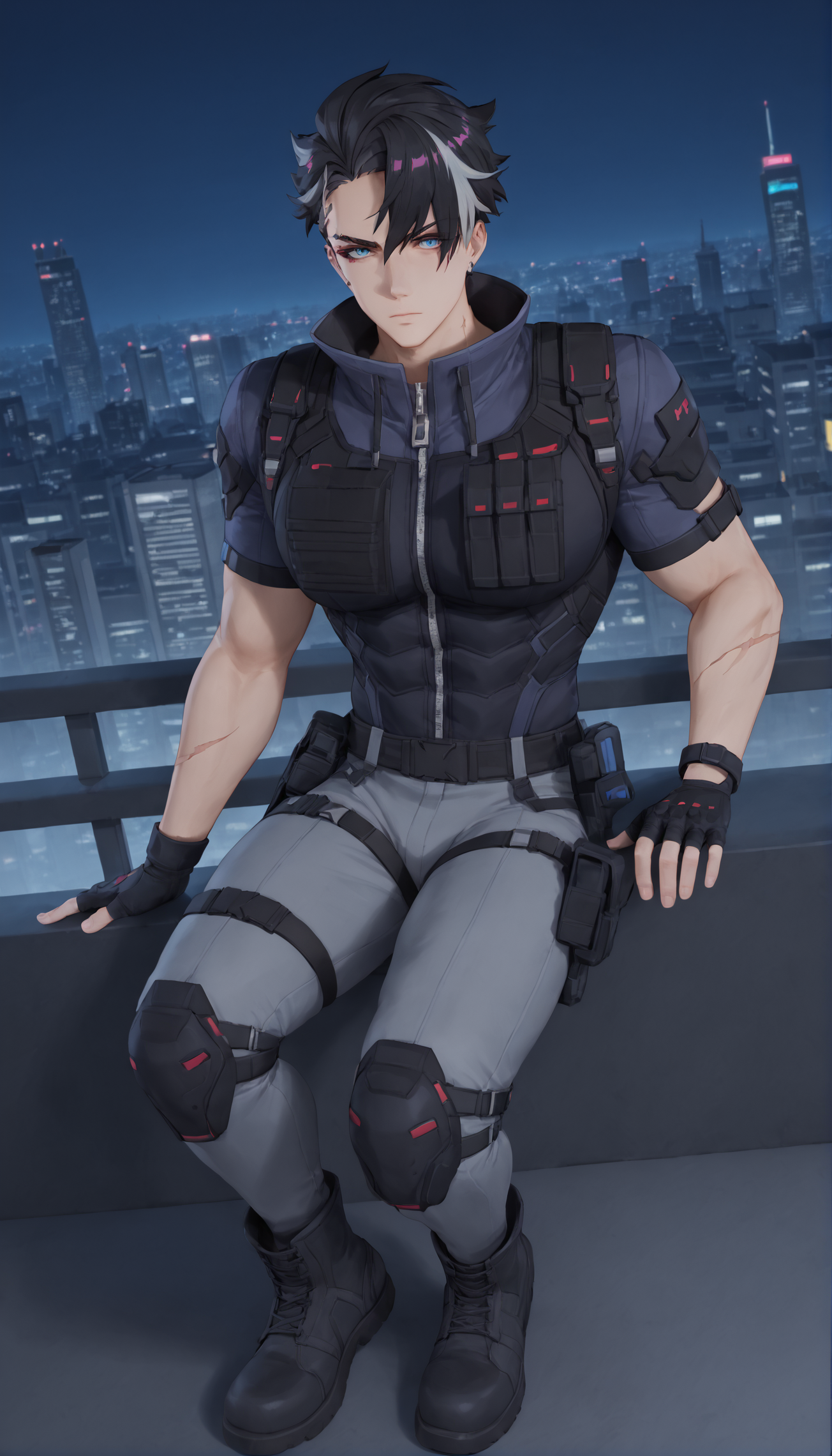 score_9, score_8_up, score_7_up, source_anime, rating_explicit, depth of field, night, cyberpunk, cityscape, 
((dynamic angle,dynamic pose, upper body, ))
jingfulaiou, 1boy, black hair, streaked hair, braid, black knee boots, blue eyes, grey pants, fingerless gloves, scar, knee pads, bulletproof vest, jewelry, zipper, 
,,,,,, <lora:add-detail-xl:1>,<lora:age_slider_v4:1>,<lora:è¸èæ§å¶:2>,<lora:jingfulaiou-000008:1>