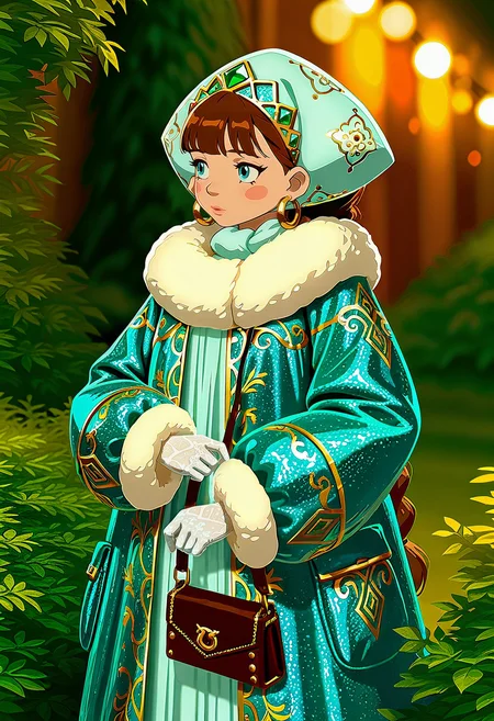 cinematic film still concept art anime artwork masterpiece, best quality, amazing quality, intricate detail, highly detailed, absurdres,
lubava, 1girl, braid, brown hair, solo, blush stickers, blue eyes, twin braids, mature, sexy, breast,
Fur hat (ushanka), Diamond-encrusted tiara, silk evening gown, fur-trimmed cashmere coat, platinum necklace with emeralds, gold hoop earrings, designer crocodile leather handbag, stiletto heels with Swarovski crystals, custom-made diamond-studded sunglasses, pearl-embellished gloves, luxury silk scarf with hand-stitched embroidery
<lora:illustrious_noobai_epsilon_pred_1_best_quality_v1:1> masterpiece, best quality, very aesthetic, absurdres <lora:noobai_vpred_1_masterpieces_v23:1> masterpiece, best quality, very aesthetic <lora:lubava-20:1> . anime style, vibrant, studio anime, highly detailed . digital artwork, illustrative, painterly, matte painting, highly detailed . shallow depth of field, vignette, highly detailed, high budget Hollywood movie, bokeh, cinemascope, moody, epic, gorgeous, film grain, grainy