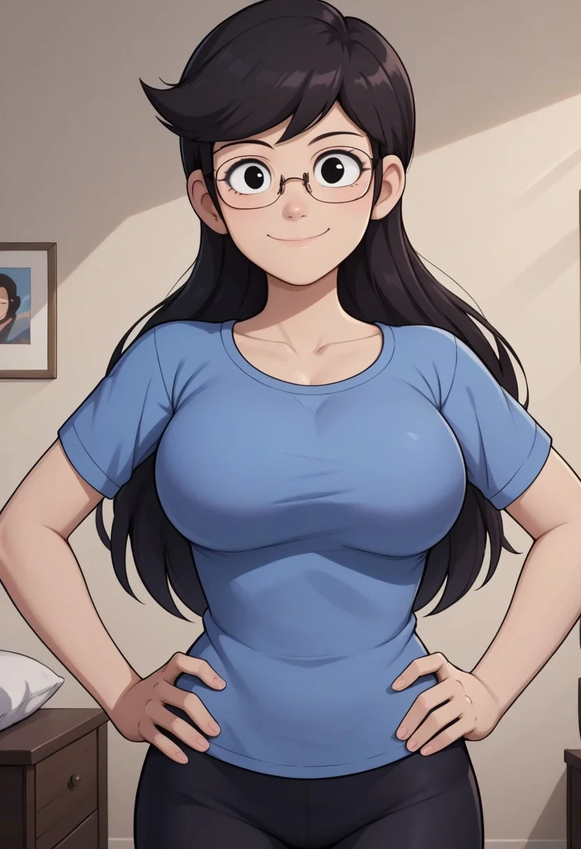 ((bedroom background)),score_9, score_8_up, score_7_up,score_6_up, 
1girl, Solo, Rosa_RB, light skin, long straight hair, black hair, black eyes, glasses, blue fitted blouse, black leggings, black flat shoes, big eyes, tall stature, social smile, perfect eyes, perfect smile, looking at the viewer, big breasts, detailed eyes, perfect eyes, cute, standing, (front pose, bust shot, close up to face, face portrait:1) hands on hips, perfect hands, 5 fingers