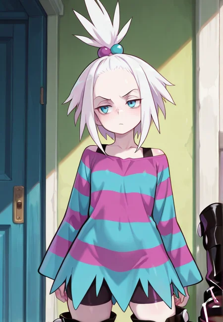 masterpiece, best quality, amazing quality, very aesthetic, absurdres, newest, detailed background,
roxie, 1girl, topknot, white hair, blue eyes, pale skin, freckles, forehead, striped dress, bike shorts, boots, cowboy shot
<lora:Roxie_-_Pokemon_Illustrious:1>