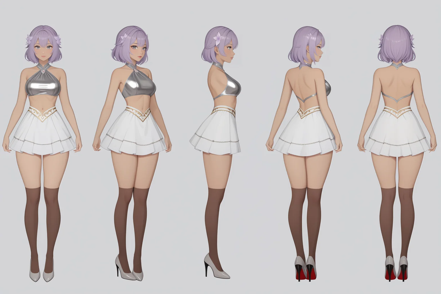 (GENERAL:0), 1girl, masterpiece, best quality, very aesthetic, absurdres, solo, standing,
(VIEWS:0), full body character turnaround of 1lady,
Multiple views of the same character in the same outfit, simple background, white background, multiple views, side view, back view, front view,
medium hair,
messy hair,
Finger waves hairstyle,
light purple hair,
Apple-shaped,
Slovak,
Caramel Skin,
grey eyes,
metallic top with a high-waisted skirt and heels.,
white
western
theme character design,
Starlight Glimmer, Source_Pony,
<lora:ClothTurnXL_v1-000003:.75>,
charturn, <lora:CharTurnXL_v2:.25>,
<lora:xl_more_art-full_v1:.25>,
<lora:Alphonse Mucha Style:.1>, Alphonse Mucha Style page
<lora:å½é£æç»SDXL:.1>