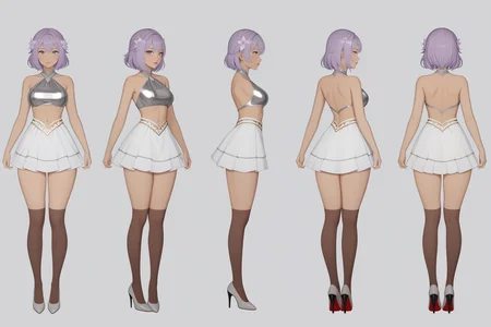 (GENERAL:0), 1girl, masterpiece, best quality, very aesthetic, absurdres, solo, standing,
(VIEWS:0), full body character turnaround of 1lady,
Multiple views of the same character in the same outfit, simple background, white background, multiple views, side view, back view, front view,
medium hair,
messy hair,
Finger waves hairstyle,
light purple hair,
Apple-shaped,
Slovak,
Caramel Skin,
grey eyes,
metallic top with a high-waisted skirt and heels.,
white
western
theme character design,
Starlight Glimmer, Source_Pony,
<lora:ClothTurnXL_v1-000003:.75>,
charturn, <lora:CharTurnXL_v2:.25>,
<lora:xl_more_art-full_v1:.25>,
<lora:Alphonse Mucha Style:.1>, Alphonse Mucha Style page
<lora:å½é£æç»SDXL:.1>