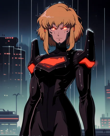 1girl, solo, warm skin color, smile, blonde hair, superkara, short hair, bodysuit, sidelocks, red eyes, pilot suit glowing eyes, angry, pilot suit, wide hips, narrow waist, science fiction, breasts, big breasts, mechanical parts, looking at viewer, flying, (red_cape),
dark theme, glow, neon, neon city background, rain, wet, night sky, cyberpunk art, neogeo, saturated, high contrast, halftone, (sharp edges, sharp outlines), cel shading, source_anime,
<lora:RetroAnimeRedux_epoch_10:1> <lora:KaraSuper:.9> <lora:OldAnimeStyle_XL_v3:.5> Vintage, 1990s \(style\) <lora:ATBv1-5:.4> atb