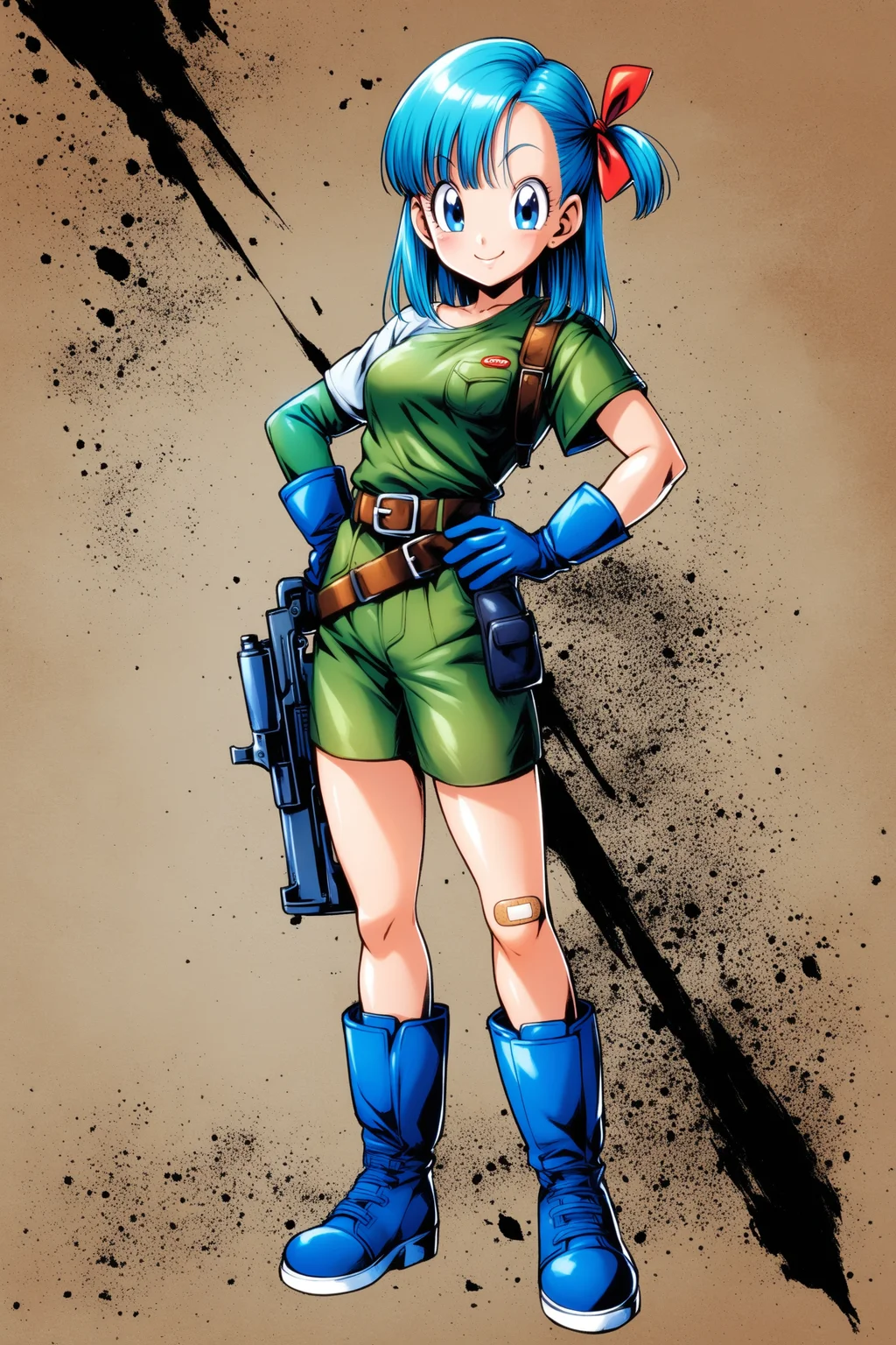 bulma,1girl,solo,bandaid,blue hair,blue eyes,boots,weapon,full body,gloves,asymmetrical clothes,gun,one side up,hand on own hip,smile,breasts,white background,standing,belt,bandaid on leg,bandaid on face,blue footwear,hair ribbon,ribbon,looking at viewer,medium breasts,<lora:Dragon Ball_XL:0.8>,