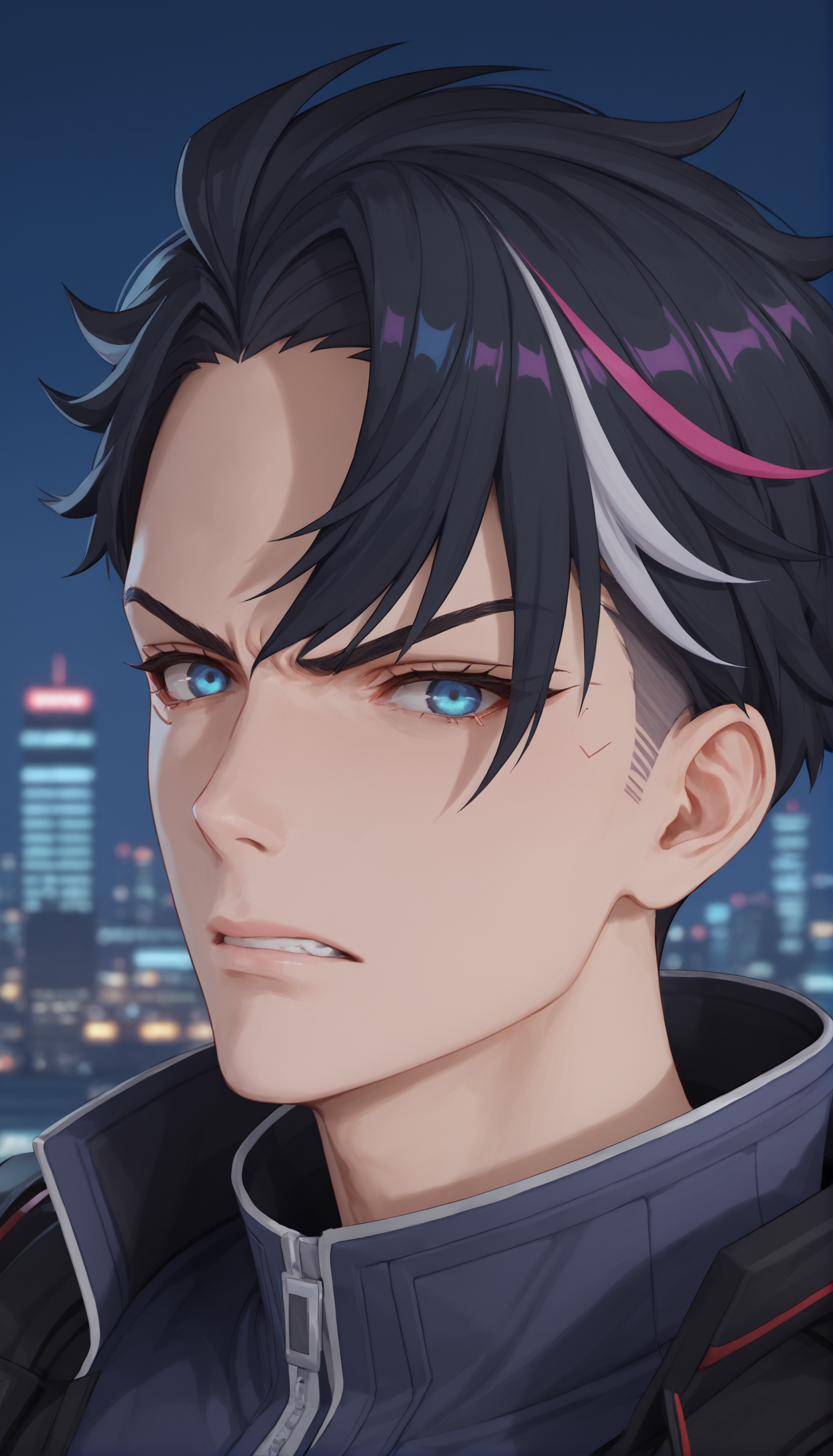 score_9, score_8_up, score_7_up, source_anime, rating_explicit, depth of field, night, cyberpunk, cityscape, 
((portrait, close-up, angry,  ))
jingfulaiou,  1boy, black hair, streaked hair, blue eyes,  
,,,,,, <lora:add-detail-xl:1>,<lora:age_slider_v4:1>,<lora:è¸èæ§å¶:2>,<lora:jingfulaiou-000008:0.8>