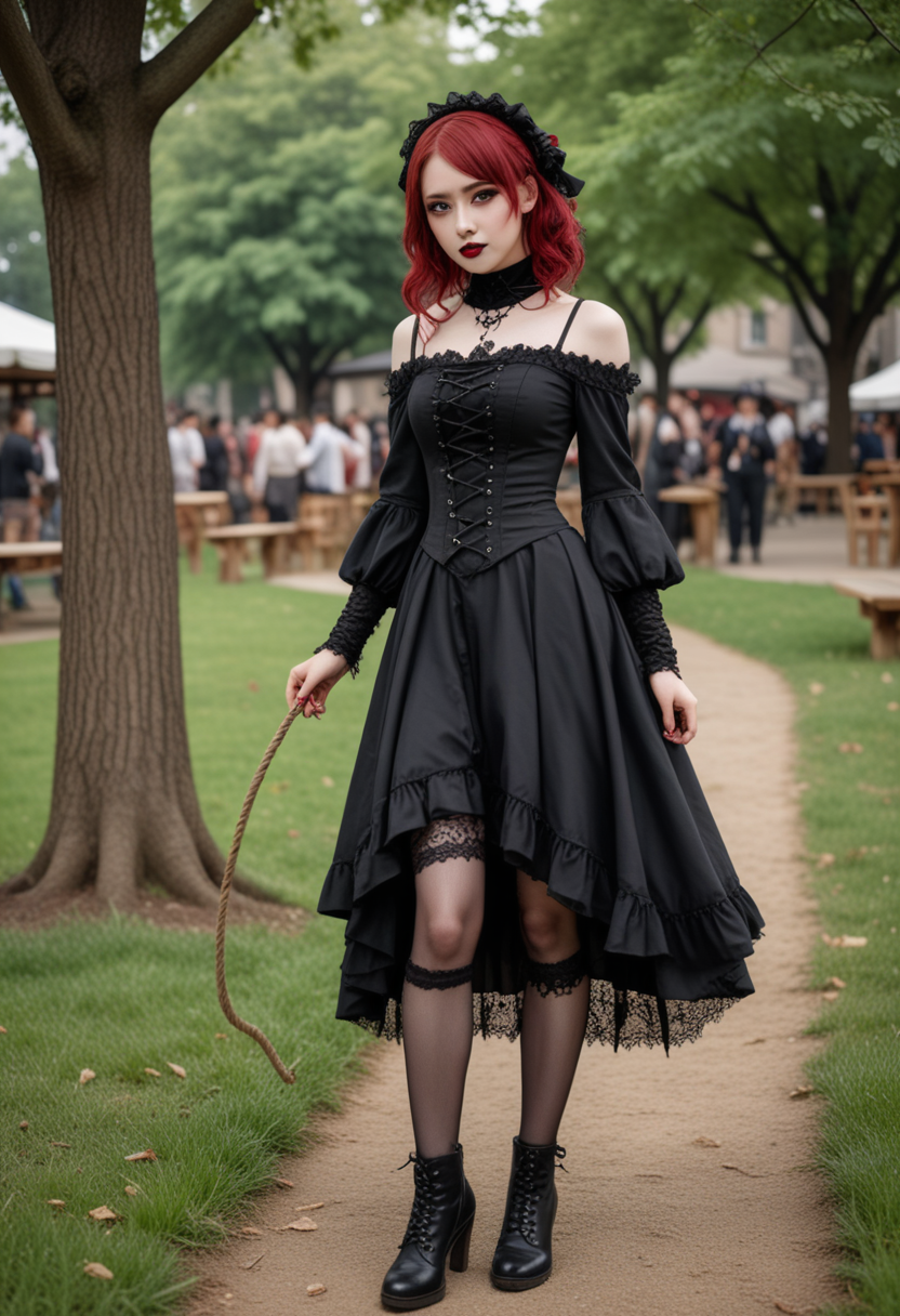 (medium full shot) of  (sexy gothic maiden) young woman, japanese, light skin, light brown eyes, tiny build, medium red side-swept hair, wearing Victorian mourning attire with a black crepe dress, lace veil, silk stockings, ankle boots, Black lipstick, smokey eyes with dark eyeshadow, black eyeliner, pale skin, black nail polish, set in  medieval Town Square, Open space bustling with activity, children playing tag on the grass, a well with a bucket dangling from a rope, benches shaded by leafy trees, a patch of herbs growing near the edge, a wooden stage set up for performances , at night, woman surprised, open mouth, pointing her finger at the viewer, Masterpiece,best quality, photo, realistic, very aesthetic, detailed face,