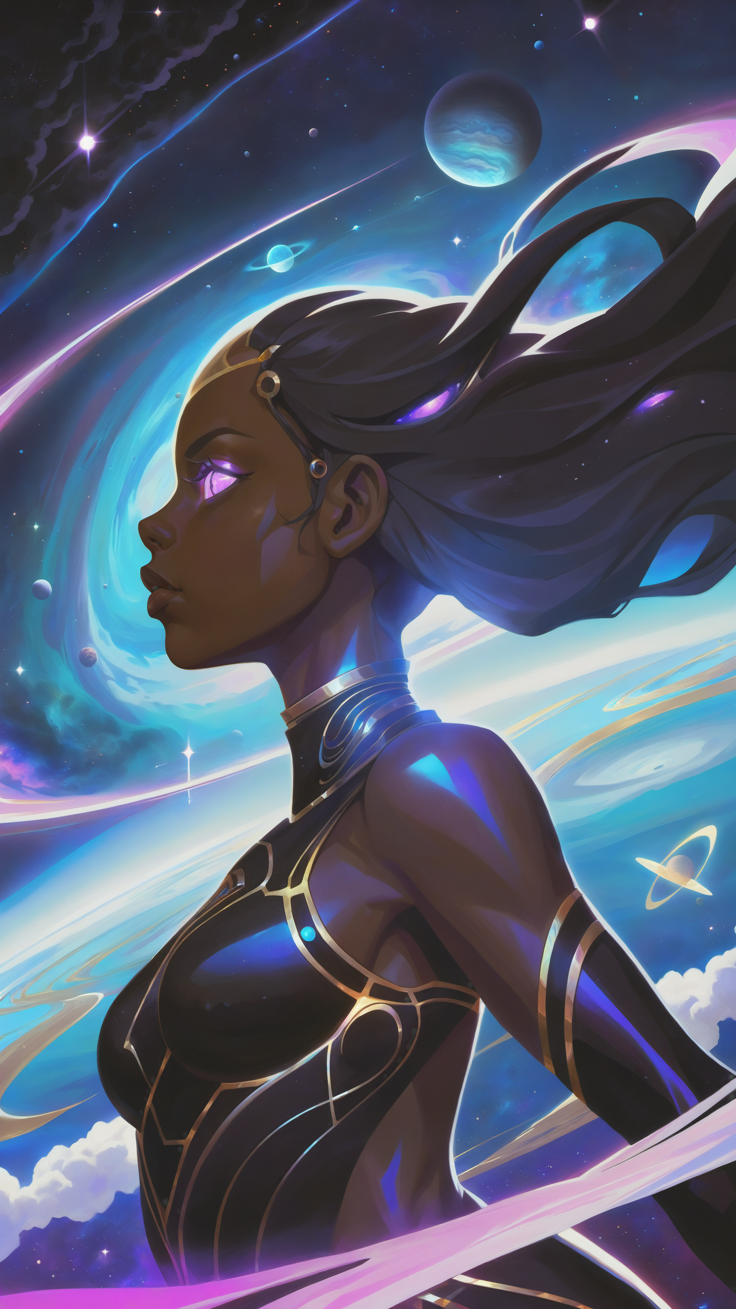 dark celestial skin body, 1girl, dark celestial skin body, void cosmic body, colored skin, (masterpiece, best quality, hires), godlike astral entity, planets orbiting around face, body and face made of stars, translucent, ethereal, in space, intricate detail, 8k, hdr, jet black skin, silhouette, long hair, wind, woman, steam, step, strong light, void cosmic body, vortex, seething, smoke, disappear, (wind:1.2), black room, cloud, galaxy clouds, horizon, wing, reflected light, rip, Descending clouds, (shiny hair:1.3), stella octangula, long scarf, Portals to Other Worlds, neon city, mechanical body, cloud cascade, cross