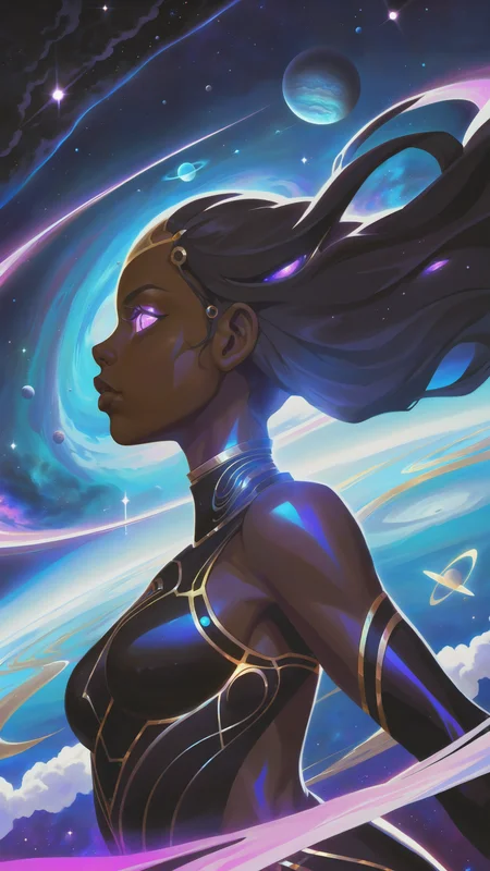 dark celestial skin body, 1girl, dark celestial skin body, void cosmic body, colored skin, (masterpiece, best quality, hires), godlike astral entity, planets orbiting around face, body and face made of stars, translucent, ethereal, in space, intricate detail, 8k, hdr, jet black skin, silhouette, long hair, wind, woman, steam, step, strong light, void cosmic body, vortex, seething, smoke, disappear, (wind:1.2), black room, cloud, galaxy clouds, horizon, wing, reflected light, rip, Descending clouds, (shiny hair:1.3), stella octangula, long scarf, Portals to Other Worlds, neon city, mechanical body, cloud cascade, cross