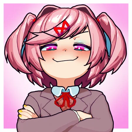 masterpiece, best quality, amazing quality, very aesthetic, absurdres, newest,
<lora:Pettankon_style_ILLUST-000008:0.95> pettankon, favourite,
1girl, solo focus, natsuki \(doki doki literature club\), pink eyes, pink hair, short hair, twintails, red hairclip,
school uniform,
smug, smile, looking at viewer, crossed arms,