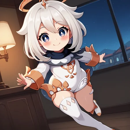 1girl, (curvy), ((wide hips)),, thick thighs, cute, , sexy, small breasts,amazing hips, cute body, quality, masterpiece, absurdres, hyperrealistic, 8k, dramatic, 1girl, solo, thighhighs, paimon (genshin impact), long sleeves, white dress, dress, halo, thighhighs under boots, single thighhigh, bangs, boots, hair between eyes, white footwear, white thighhighs, white hair, best quality, masterpiece, absurdres, hyperrealistic, 8k, dramatic, jumping, mid air, smile, short legs, Paimon_(Genshin_Impact)
, curious expression, straight bangs, Curtain bangs, pointed bangs, young body, front view, stand up, night,
skin, shiny skin,thick thighs,1girl, solo, blush, score_9, score_8_up, score_7_up, score_6, big butt, shortstack, 1girl, , front view, indoors, medium breats, medius tits, correct anatomy, correct face, correct eyes, expression of curiosity, expression of surprise, looking at viewer, , not chibi, correct anatomy of face, not error, rights eyes, standing, sky blue eyes, , long stockings,