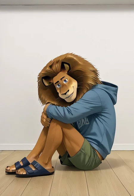 (((AlexLion, boy, young,cartoony proportions,correct anatomy,muscular body,biceps anatomy correct,extremely beautiful and cute face,perfect face,ultra quality face,8k eyes,perfect eyes,ultra quality eyes,(((perfectly detailed blue eyes))), (((high res eyes))),white iris with perfectly detailed pupils,ultra quality fur,soft and delicate fur,lion claws,black claws))), (((room background,windowsill, side view, sitting on the windowsill, around window,looking into the window, hugging his knees))), (((blue sweatshirt with long sleeves,hood on head,hood on mane, light green cargo shorts with brown belt, birkenstock,sandals,birksunworn,birksonfeet))), (((face focus,side view))), (((face focus,ultra detalization,perfect detalization,outstanding quality,perfectly detailed,ultra HD quality,photorealistic,ultrarealistic,highest resolution,ultra resolution,4k,8k,3D))). (((<lora:Alex_the_Lion_Madagascar_-_Pony_XL:1>))), AlexLion, Lion, boy, solo, blue eyes,1boy,chubby,muscular body, (((1boy, BL comic style cute boy Yaoi, hood on head, sitting on the floor, hugging his knees,<lora:knees-to-chest-ponyxl-lora-nochekaiser:1>, knees to chest, sitting, knees up, hugging own legs, cute smiling))),close-up of the face,full body view,AlexLion wearing light green cargo shorts.