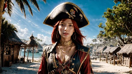 (young redhead pirate woman), (portrait), sharp focus, (ultradetailed), (standing), (happy) smile, pirate (ship galleon:1.2, hoop earrings, gold medallion, Medium Dark Redpirate clothes, pirate hat, hips, (pirate parrot:1.2), pirate (village), leafy beach coast, (treasure chest with coins, gems and jewels:1.2), rum barrel, best quality masterpiece, bright sunny sky, backlight, natural lights, high contrast, hdr, shadows, pretty, beautiful, feminine, sexy, adorable, lovely, in love, (PirateDiffusionprt:0.5), <lora:Pirate:0.3> PrateT <lora:PirateRealms:0.3> <lora:Detail Tweaker LoRA add_detail:0.8> <lora:depth_of_field_slider_v1:5> <lora:SDXLrender_v2.0:0.9>