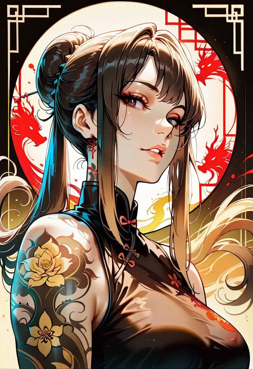 masterpiece, best quality, 32k, high resolution, absurdres, reij-incs, silhouette character, black ink, neon colors, colors splash effect, flowing hair, Mei, MeiRH, 1woman, mature woman, chinese woman, Very long black hair, brown gradient hair, high hair bun, brown eyes, asian eyes, pale skin, medium breasts, full right arm tattoo, big back tattoo, portrait, face closeup, front view, sleeveless Chinese dress, color splashes background, aesthetic, detailed eyes, upper body, looking at the viewer, parted lips