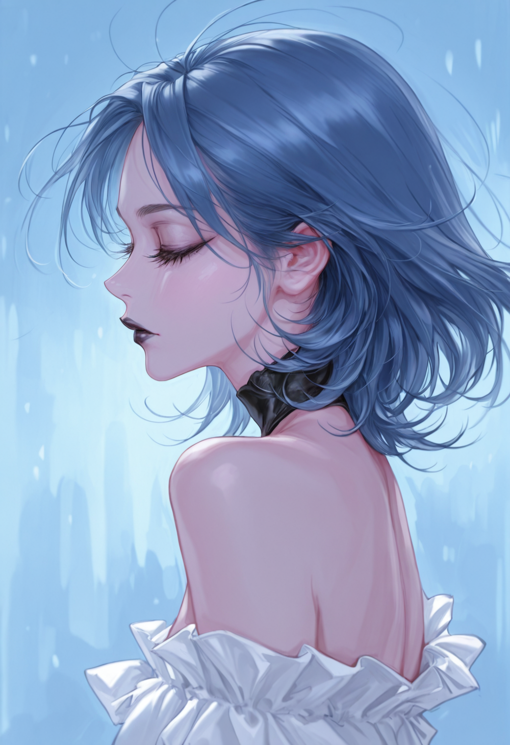 bm94199, 

profile, blue theme, 1girl, upper body, solo, blue hair, medium hair, long eyelashes, black lips, white dress, bare shoulders, closed eyes, 

masterpiece, best quality, amazing quality, 