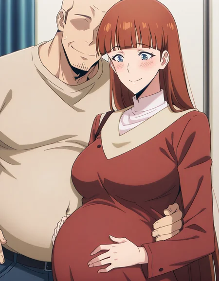 masterpiece, best quality, amazing quality,, <lora:joo-hee-lee-s1-illustriousxl-lora-nochekaiser:1>, joo-hee lee, long hair, bangs, brown hair, blunt bangs, mature female, breasts, anime screencap, <lora:pregnant-listening-illustriousxl-lora-nochekaiser:1>, pregnant listening, smile, navel, hetero, hand on hip, hand on another's stomach, pregnant, husband and wife, listening, head on another's stomach, blush,, , <lora:faceless-ugly-man-illustriousxl-lora-nochekaiser:1>, faceless ugly man, faceless, ugly man, faceless male, fat man, bald, mature male,,