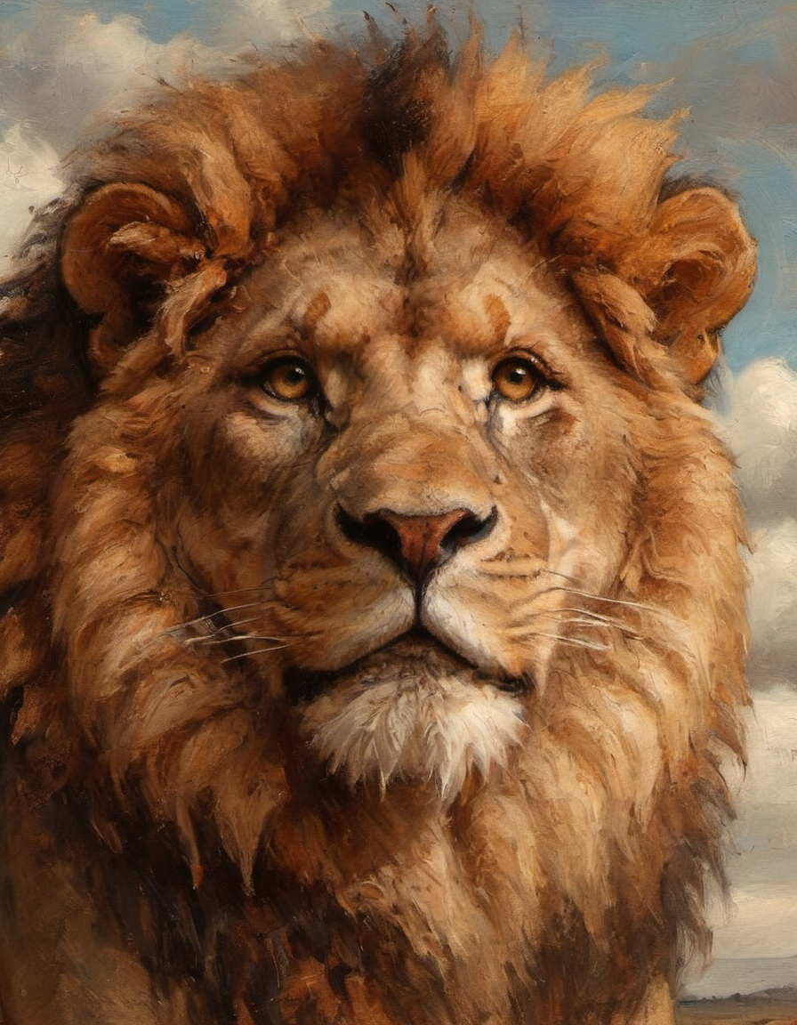 closeup portrait of an attentive majestic Lion with big glistening eyes standing bright sky background