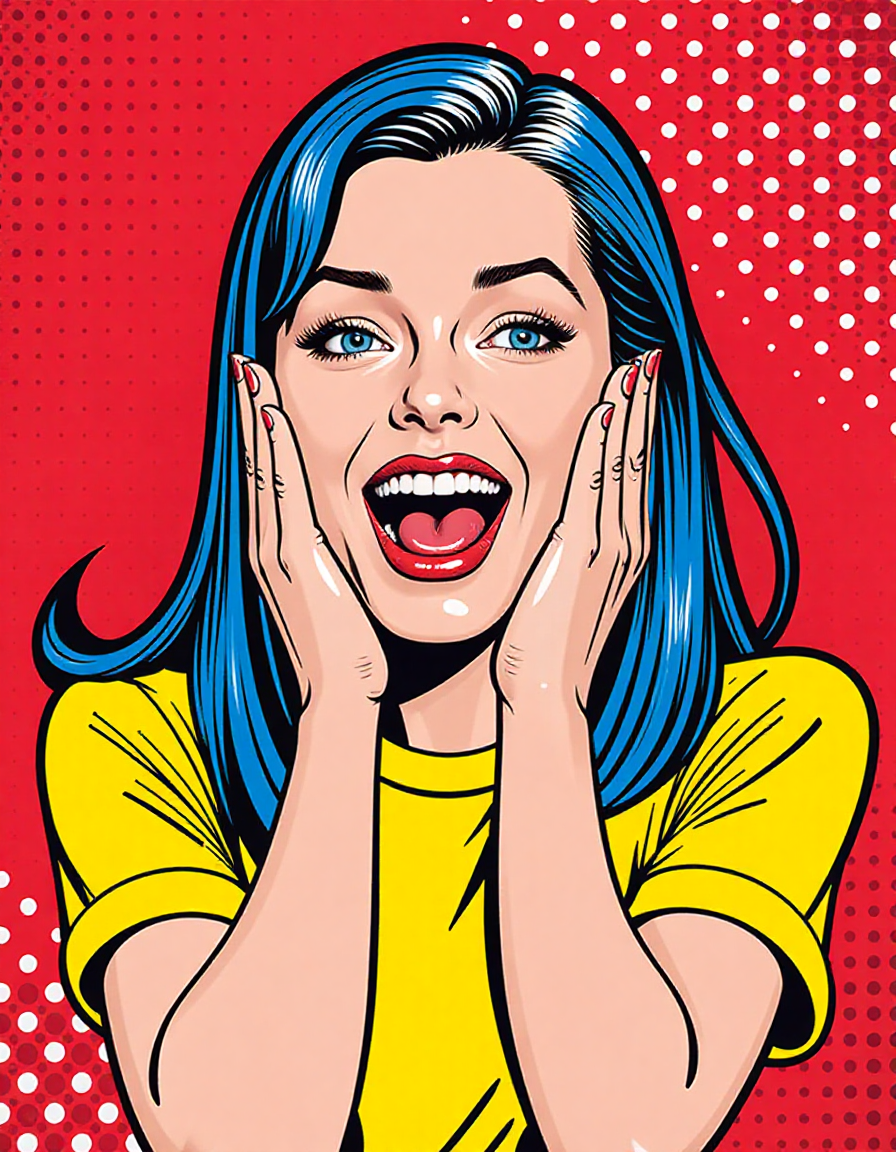 p0p_r0y, roy lichtenstein art, This image is a digital cartoon drawing in a pop art style, characterized by bold lines and bright colors. The subject is a woman with long, straight blue hair and fair skin. She has a wide-open mouth, showing her teeth in a joyful expression, and her eyes are wide and blue, conveying excitement or surprise. Her hands are raised to her face, with fingers spread, adding to the exaggerated, expressive nature of the artwork. She is wearing a bright yellow top with short sleeves, which stands out vividly against the red background. The red background is dotted with small, evenly spaced white dots, adding a textured, comic book-like effect. The woman's facial features are outlined in black, while her hair and top are filled with vibrant yellow and blue tones, respectively. The overall composition is dynamic and lively, with the woman's posture and expression suggesting she is in a state of delight or shock. The image is rich in color and texture, typical of pop art, and the use of dot patterns and bright colors gives it a playful, energetic feel.