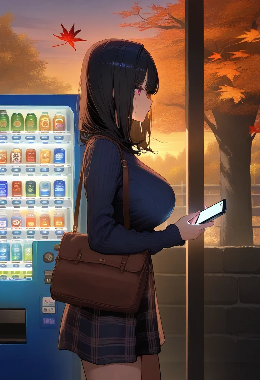 masterpiece,best quality,amazing quality,absurdres, <lora:TRT(Illust)0.1v:1>,
1girl, solo, long hair, black hair, long sleeves, dress, holding, large breasts, standing, outdoors, sky, medium hair, bag, from side, tree, plaid, window, leaf, phone, cellphone, scenery, smartphone, holding phone, sunset, shoulder bag, handbag, autumn leaves, maple leaf, evening, autumn, looking at phone, vending machine