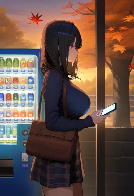 masterpiece,best quality,amazing quality,absurdres, <lora:TRT(Illust)0.1v:1>,
1girl, solo, long hair, black hair, long sleeves, dress, holding, large breasts, standing, outdoors, sky, medium hair, bag, from side, tree, plaid, window, leaf, phone, cellphone, scenery, smartphone, holding phone, sunset, shoulder bag, handbag, autumn leaves, maple leaf, evening, autumn, looking at phone, vending machine