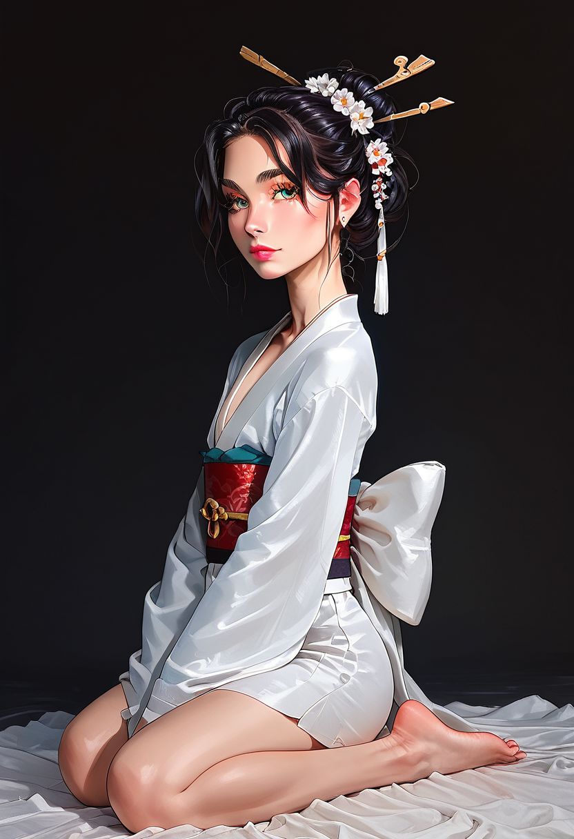 score_9, score_8_up, realistic, photo, highly detailed, fantasy, traditional media, 
/BREAK/ 
solo:1.1, alone:1.1, ((20 year old femboy), Japanese, black hair, feminine face, tall, slim, long face, slim waist, feminine jaws, ((huge eyelashes)), geisha makeup, Japanese kimono, background traditional Japanese home, detailed background, ((geisha make up)), bare feet, exposed feet, dark background, tiny mouth, dark eyes, cherry blossom, bright smile, ((kneeling))