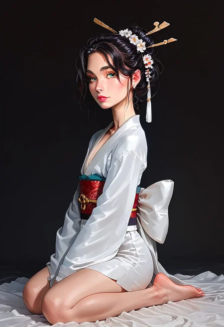 score_9, score_8_up, realistic, photo, highly detailed, fantasy, traditional media,
/BREAK/
solo:1.1, alone:1.1, ((20 year old femboy), Japanese, black hair, feminine face, tall, slim, long face, slim waist, feminine jaws, ((huge eyelashes)), geisha makeup, Japanese kimono, background traditional Japanese home, detailed background, ((geisha make up)), bare feet, exposed feet, dark background, tiny mouth, dark eyes, cherry blossom, bright smile, ((kneeling))