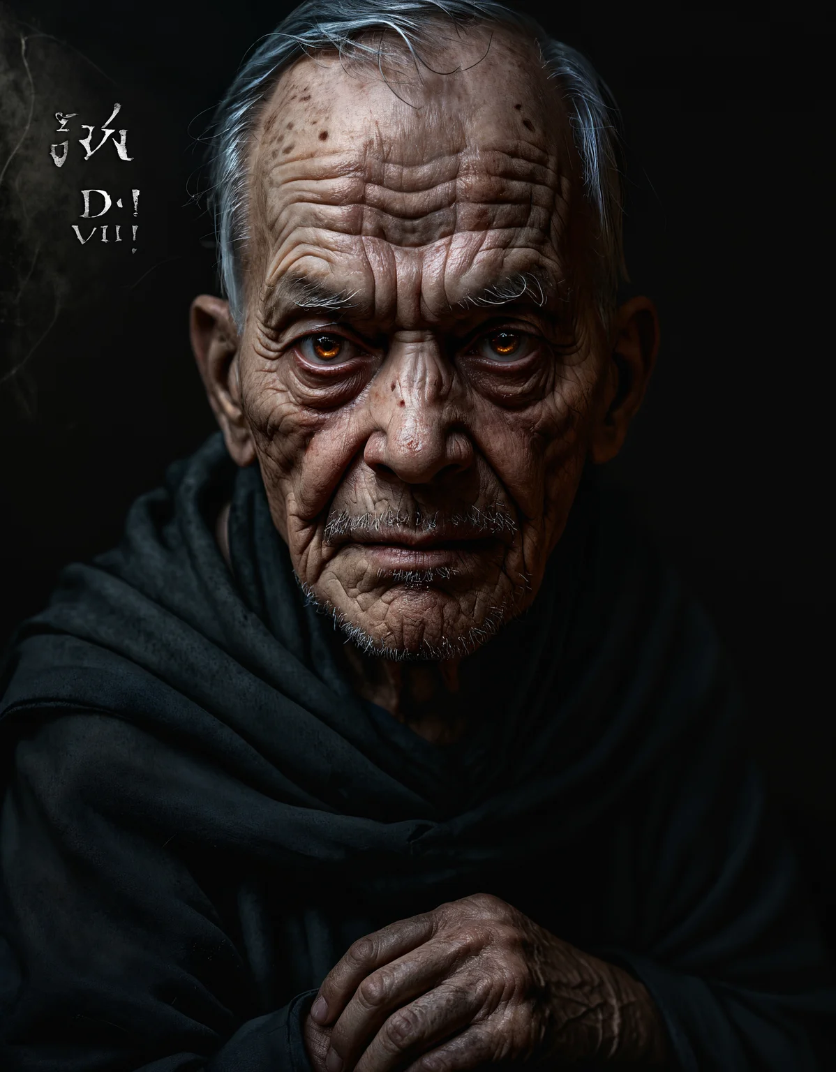 (zavy-ldprtrt), dark and mysterious old creature, old man, close up, shrouded and darkness, white runic text, grin, intriguing glowing eyes, photo, Roger Ballen, shadow,
